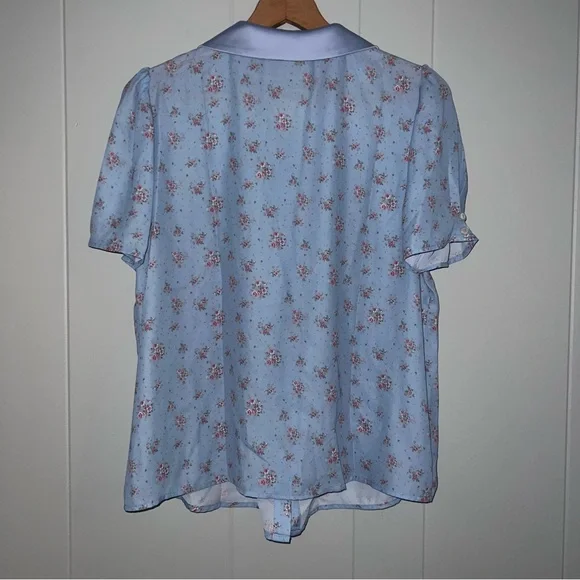 Simple Retro Blue Pink Romantic Bohemian Peter Pan Collar Button Down Top NWT L - Picture 10 of 10